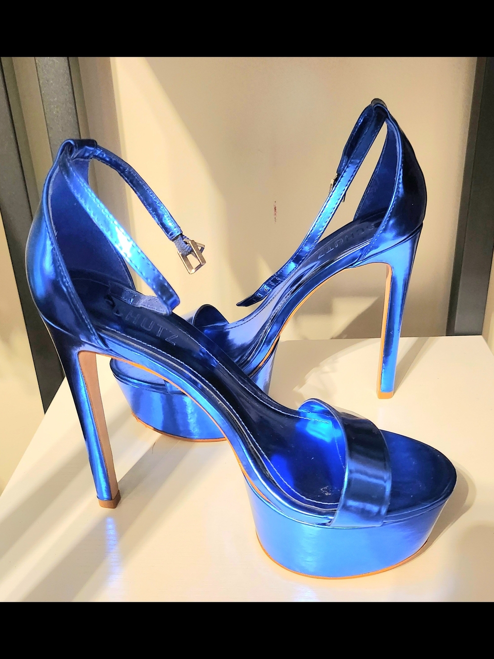 SCHUTZ Metallic Cobalt Blue Platform Stiletto Sandals